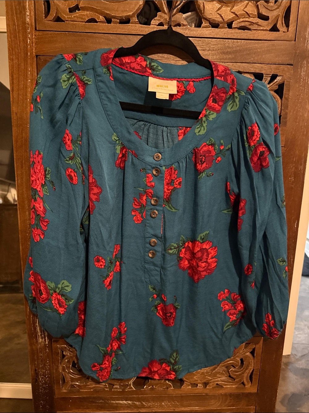 Maeve Teal Floral Button-Front Peasant Blouse